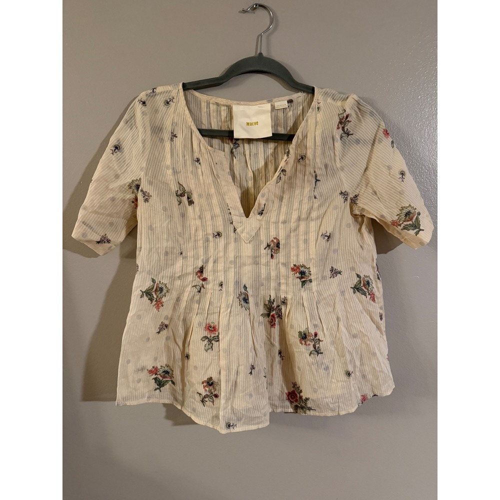 Maeve Anthropologie Floral Striped V-Neck Blouse Cream Short Sleeve Pleated Sz 0